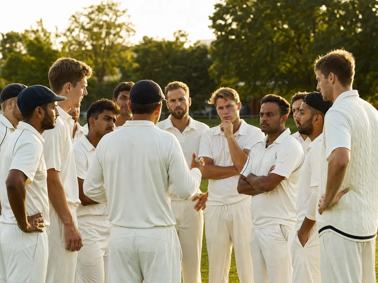 Mannschaftsbesprechung des MSC Frankfurt Cricket Club auf dem Spielfeld