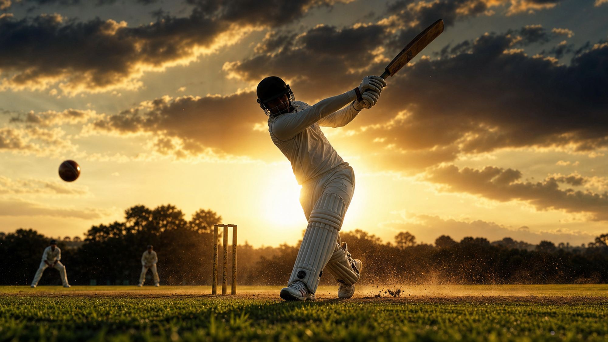 Cricket-Spieler des MSC Frankfurt beim Schlag in der goldenen Abendsonne